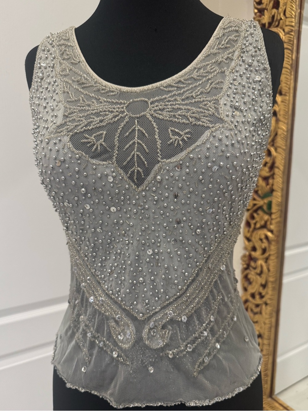 Hand Beaded Silver Mesh day or Evening Top. Attitudes by Debra stretch fabric